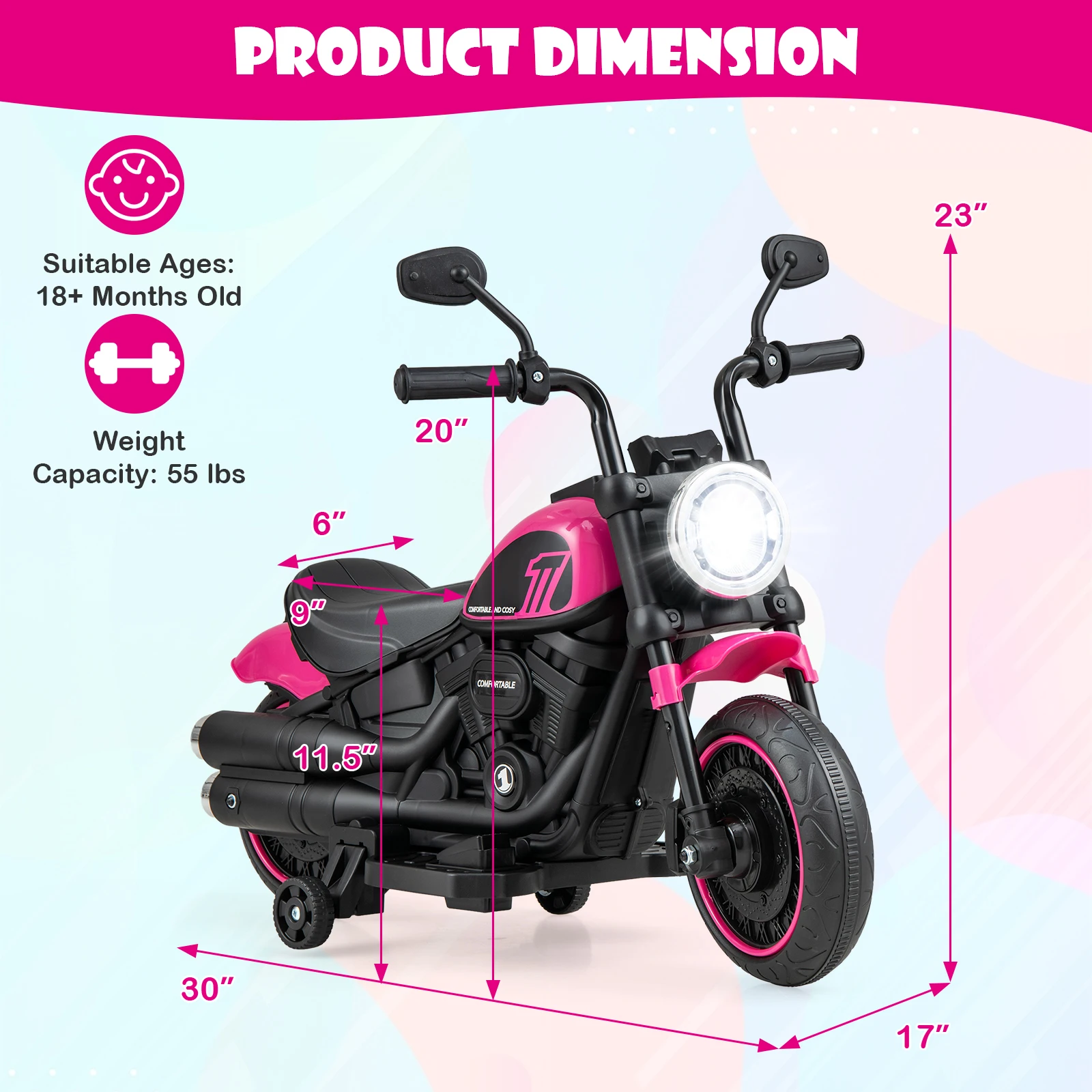 6V Kids Electric Motorcycle w/ Training Wheels LED Headlights Music Board Pink