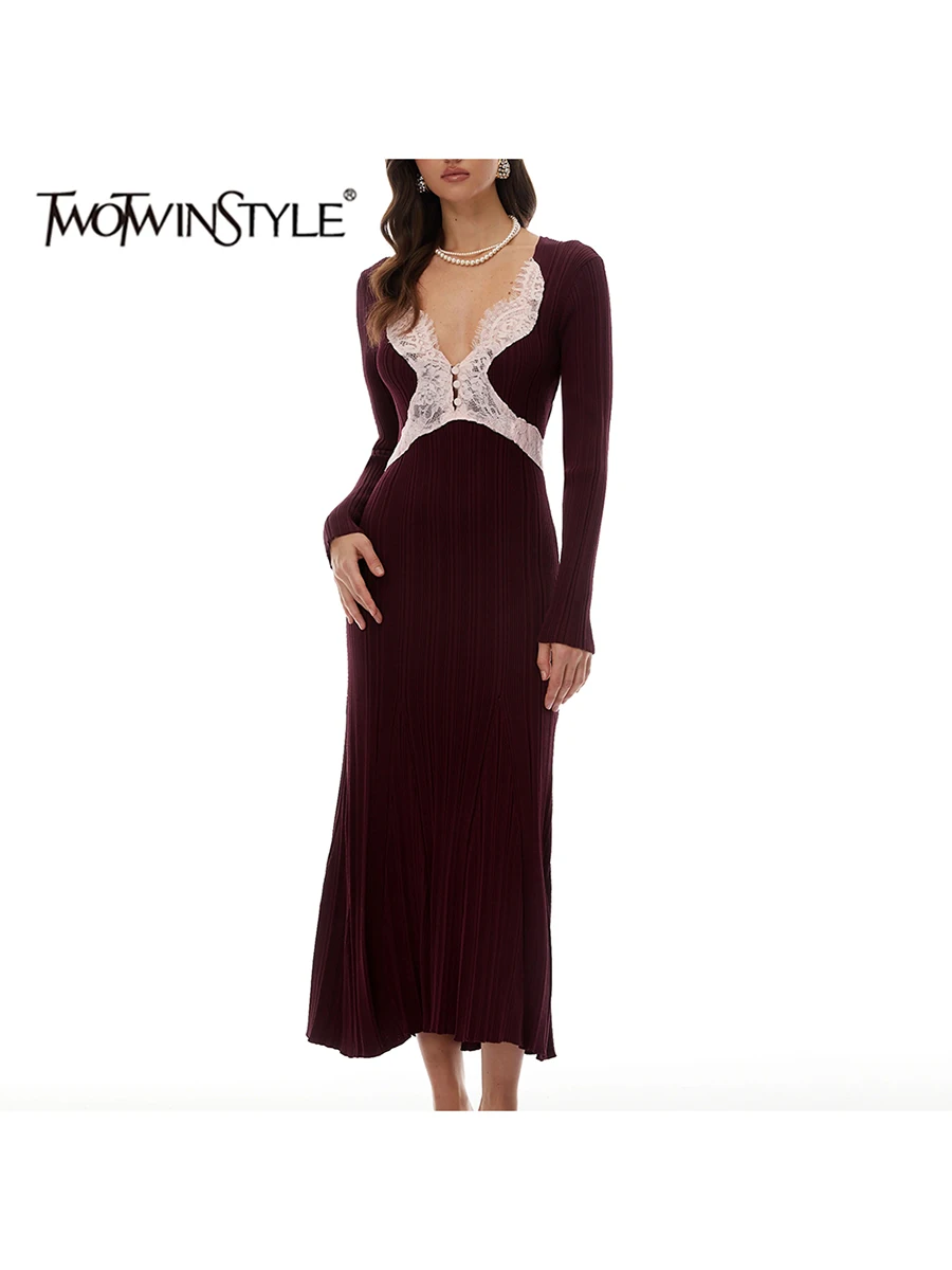 TWOTWINSTYLE Einfarbiges Kleid mit Spitzeneinsätzen für Damen V-Ausschnitt Langarm Patchwork-Knopf Midikleid Weiblicher Modestil