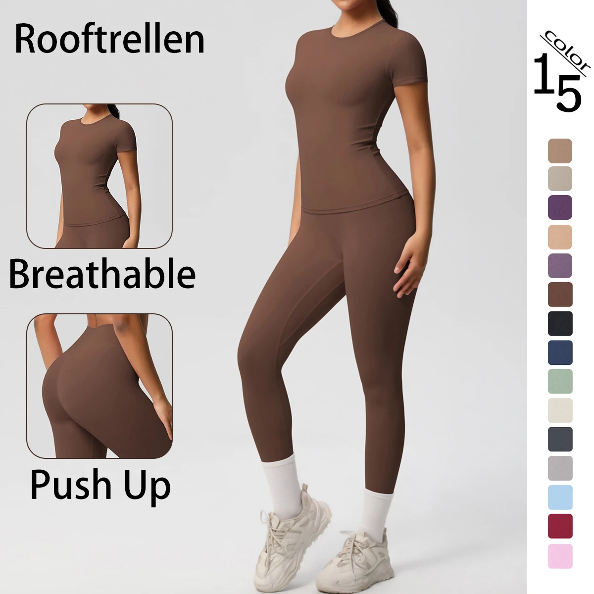 Rooftrellen Women's Sports Gym Yoga Set Running Shirts Solid Color T-Shirt Short Sleeve Women's Summer Pants Quick Drying Set