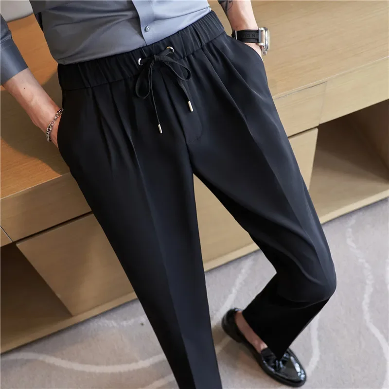 Men Elastic Waist Strap Trousers 2024 Autumn New British Style Solid Casual Dress Pants Slim Fit Formal Suit Pants Men Clothing