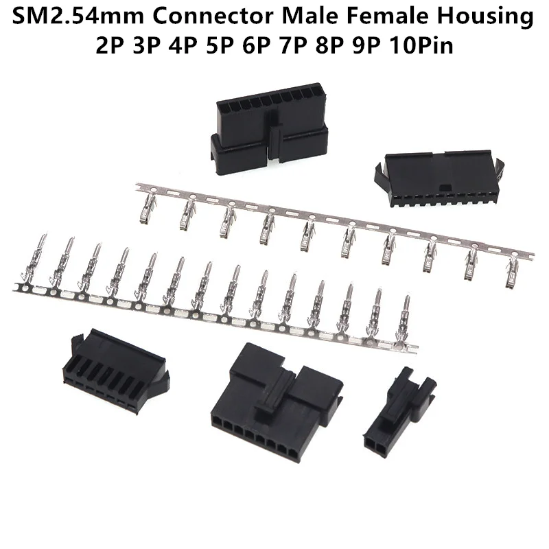 10Sets SM2.54mm Pitch 2P/3P/4P/5P/6P/7P/8P/9P/10Pin SM Female and Male Wire Connector Housing Terminals SM-2P SM-2R JST SM2.54