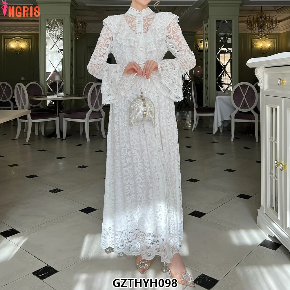 

2025 Spring Roman Tunic Casual Midi Dress For Women Empire Patchwork Embroidery Lace Dress-GZTHYH098