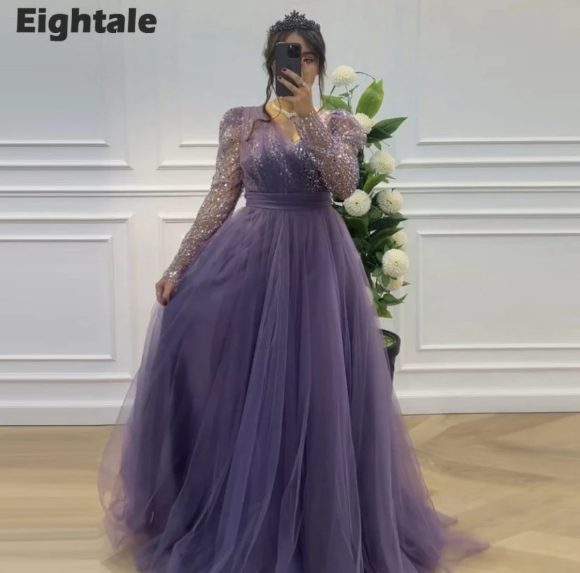 Eightale Luxury Evening Dresses Customized V-Neck Sequined A-Line Purple Tulle Prom Gown for Wedding Party robes de soirée