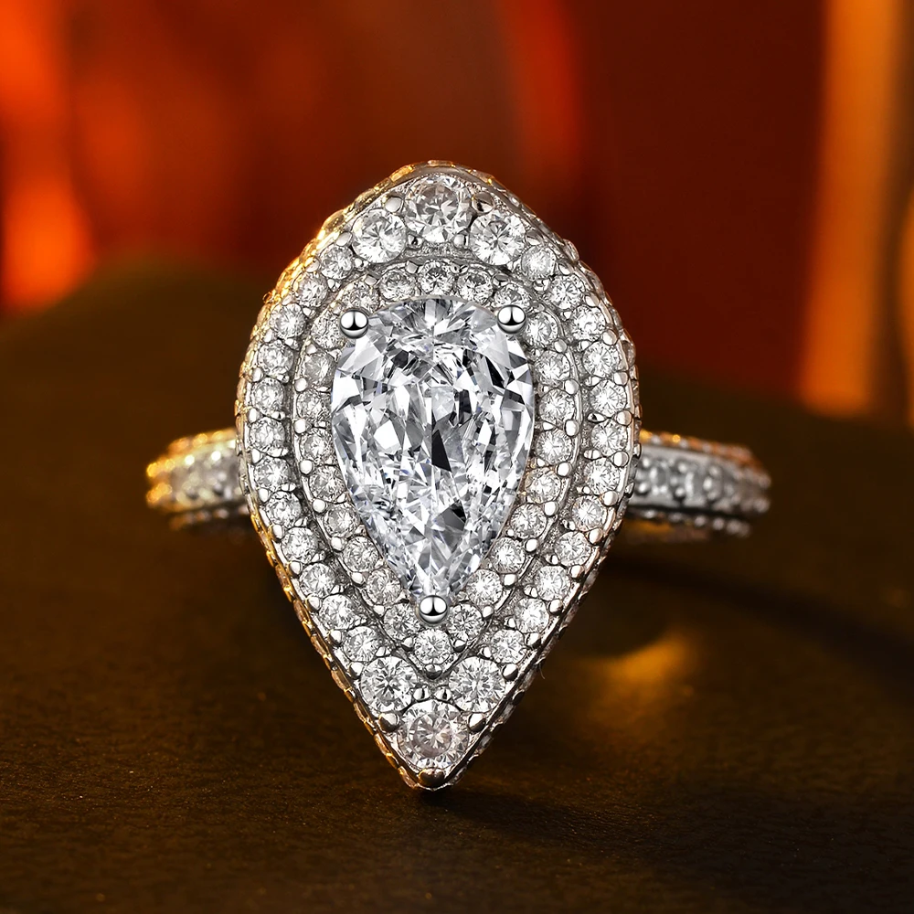 

925 Sterling Silver Teardrop (Pear-Shaped) Ring, Fully Paved with 5A Grade Cubic Zirconia, Suitable for Daily Wear