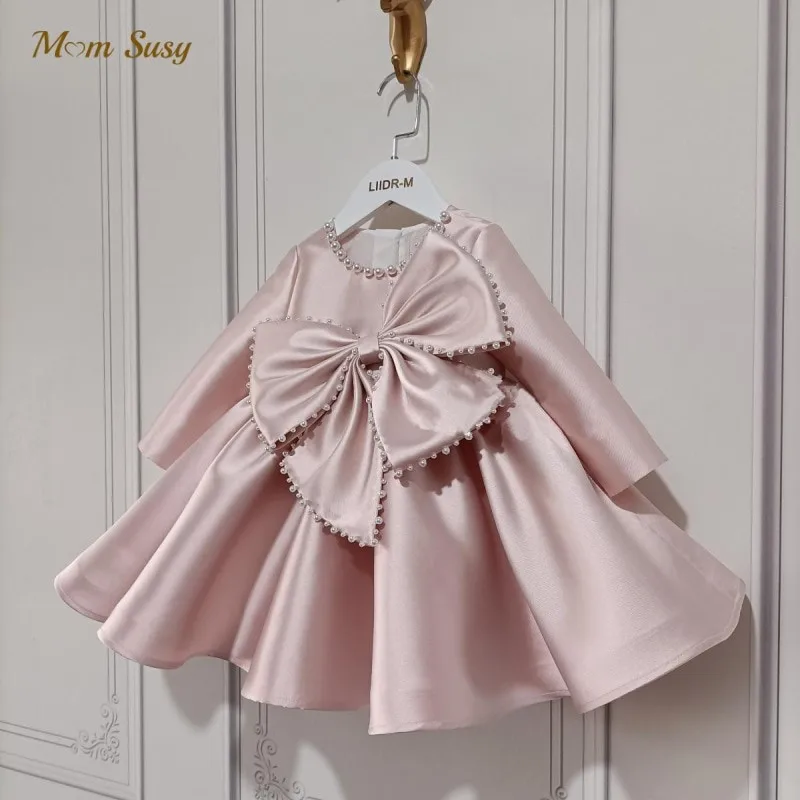 

Baby Girl Princess Silk Pearl Dress Long Sleeve Infant Toddler Child Vintage Bow Vestido Party Pageant Birthday Clothes 1-14Y