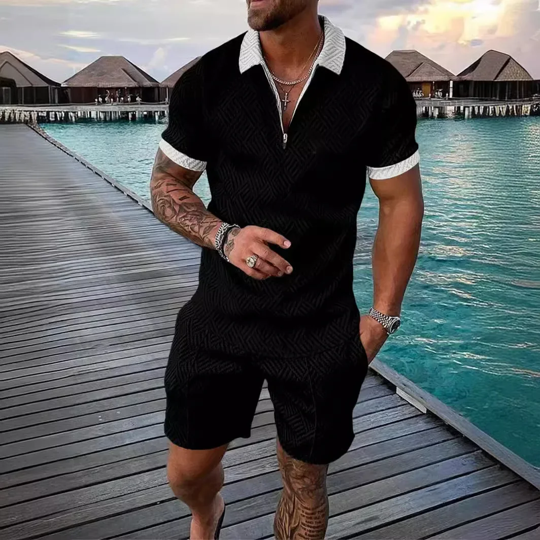 Two Piece Sets Men Shorts Pant Set Turn Down Collar Zipper Casual Regular Solid Polo Shirt Short Pants Elastic Waist 2024