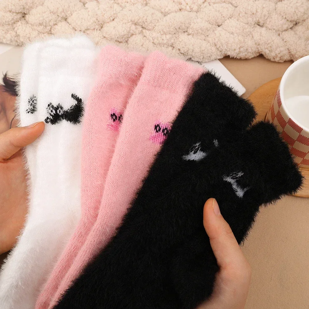 3Pairs Mink Velvet Socks Winter Cute Cat Thickened in Tube Socks Simple Cozy Hairy Sleep Sock Fashion Sleep Floor Sock dla kobiet