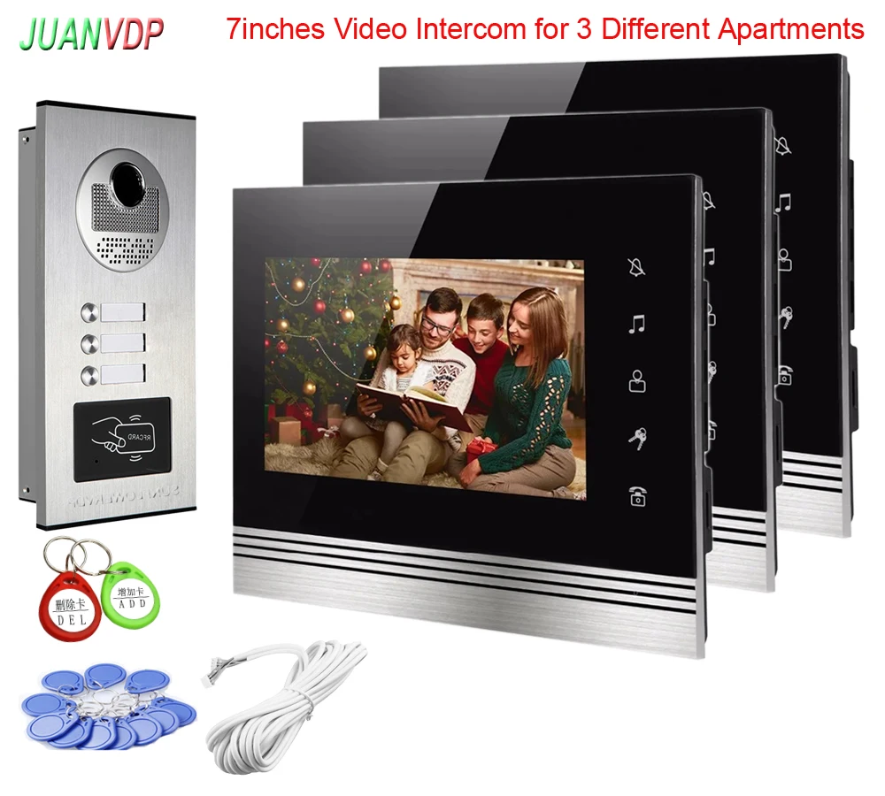 

For 3 Different Apartments Video Intercom Touch buttons 7"Color Monitor For Home Video Doorphone Doorbell Camera Rfid Unlock