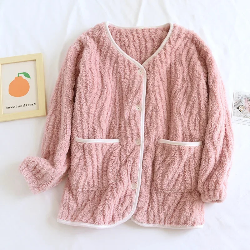 New winter women's flannel pajamas one-piece top V-neck button coral fleece thickened warm home clothes large size sleepwear
