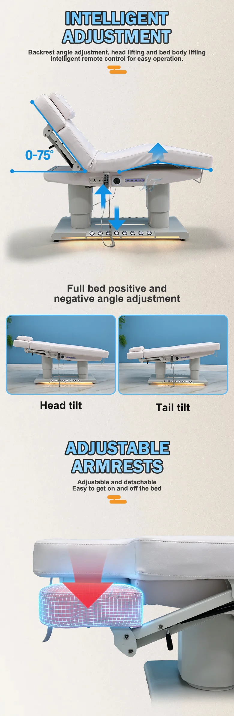 Elektrisches 4-Motor-Massage-Schönheitsbett mit Heizung, LED-Licht, Fußpedal, Handsteuerung, Anpassbarer Lederfarbe, Salon-Gesichtsbehandlungsbett – Detail 3