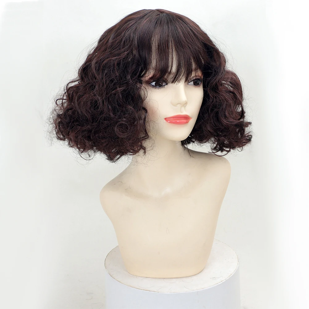 Belle Show Short Curly Wig With Bangs Synthetic Bob Wig Natural Bouncy Curly Wig Heat Resistant Natural Wigs for Women