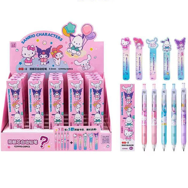 Random 1 Box Sanrio Cute Mymelody Kuromi Cinnamoroll Mechanical Pencil Set PVC Ruler Korean Stationery Press Pens gift