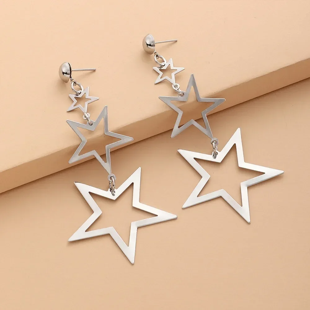 Star Metal Long Drop Earrings Classic Kpop Sweet Double Stars Temperament Girl\'s Wear Pendants Earrings for Women Jewelry