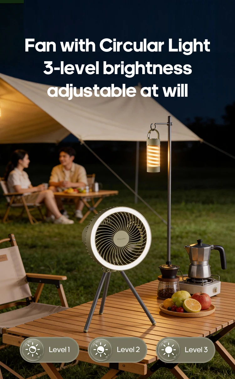 Outdoor-Campingventilator 10000mAh Zelt-Hängeventilator Wiederaufladbarer tragbarer Tischventilator mit abnehmbarer Campinglampe und Powerbank – Detail 13
