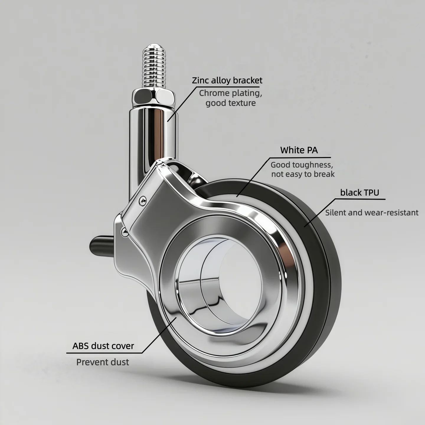 3 Inch Hollow Swivel Caster Wheels Zinc Alloy TPU Material Smooth Silent Casters for Bookcase Sideboard Bar Cart Furniture