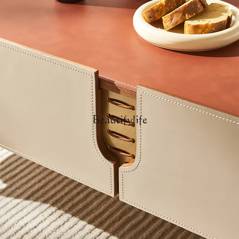 09 طاولة قهوة جلدية سرج خفيفة شقة صغيرة راقية طاولة قهوة زاوية مستديرة من الجلد الإبداعي