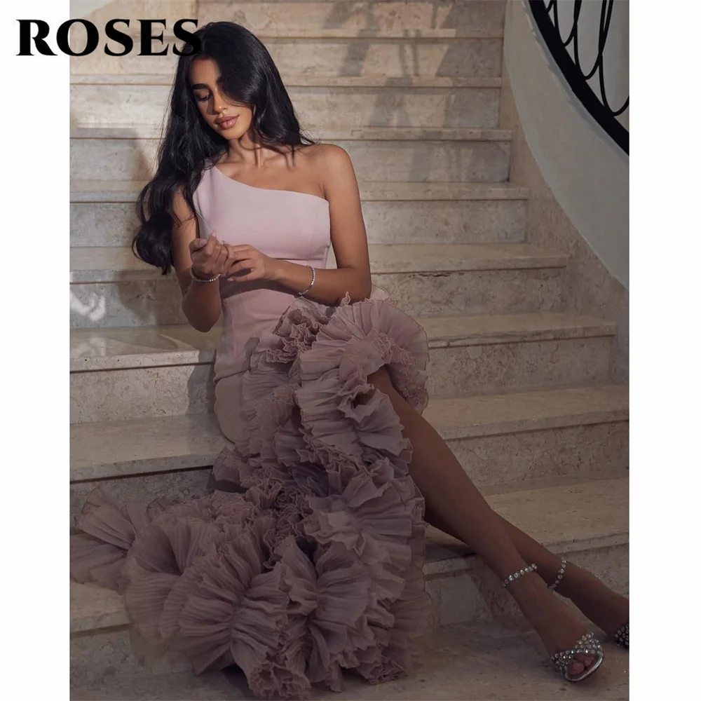 

ROSES Blush Pink Prom Dresses One Shoulder Evening Dress Ruffled Party Dress for Women High Slit vestidos de fiesta Customized