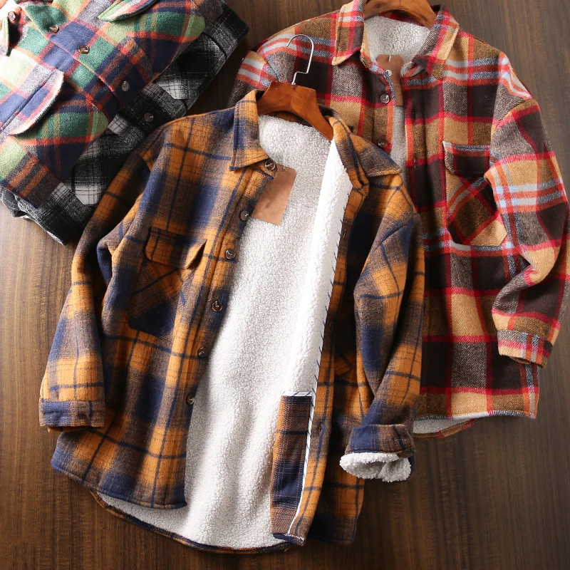 

Men's Flannel irt Jaet Thiened Faux Lamb Velvet Brued Autumn Winter Turn-down Collar Casual Stand Fit Youth Cotton...