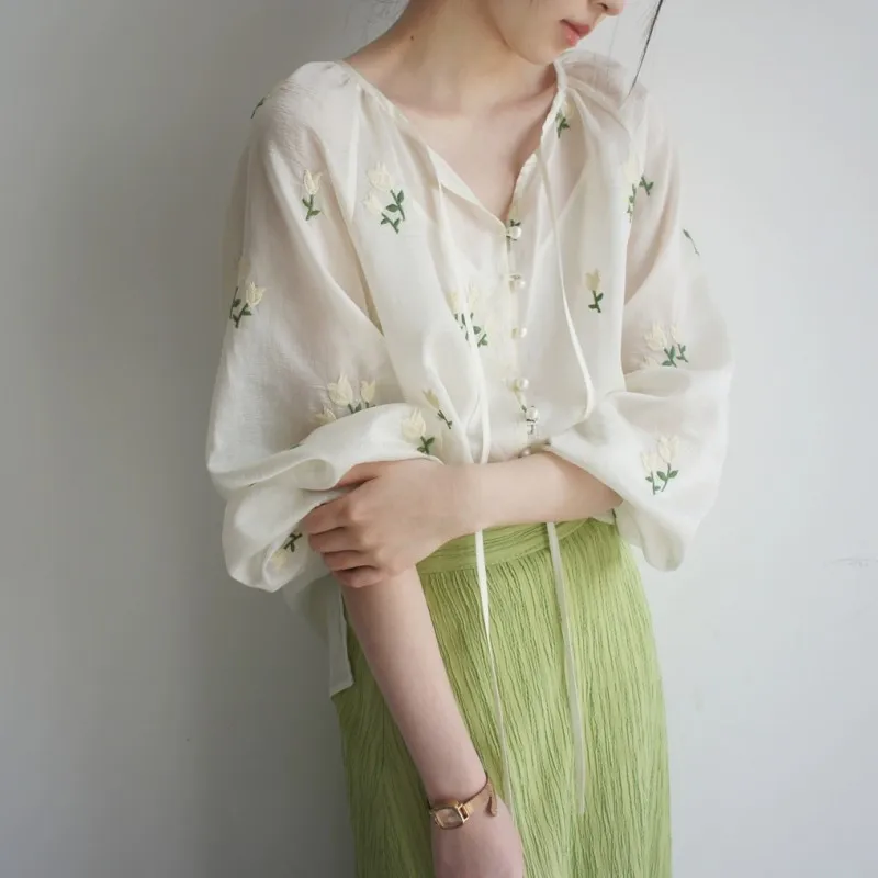 Chinoiserie Floral Embroidery Button Down Sheer Blouse for Women Tied Puff Sleeve Loose Mesh Silk Chiffon Shirt Cute Girl Summer