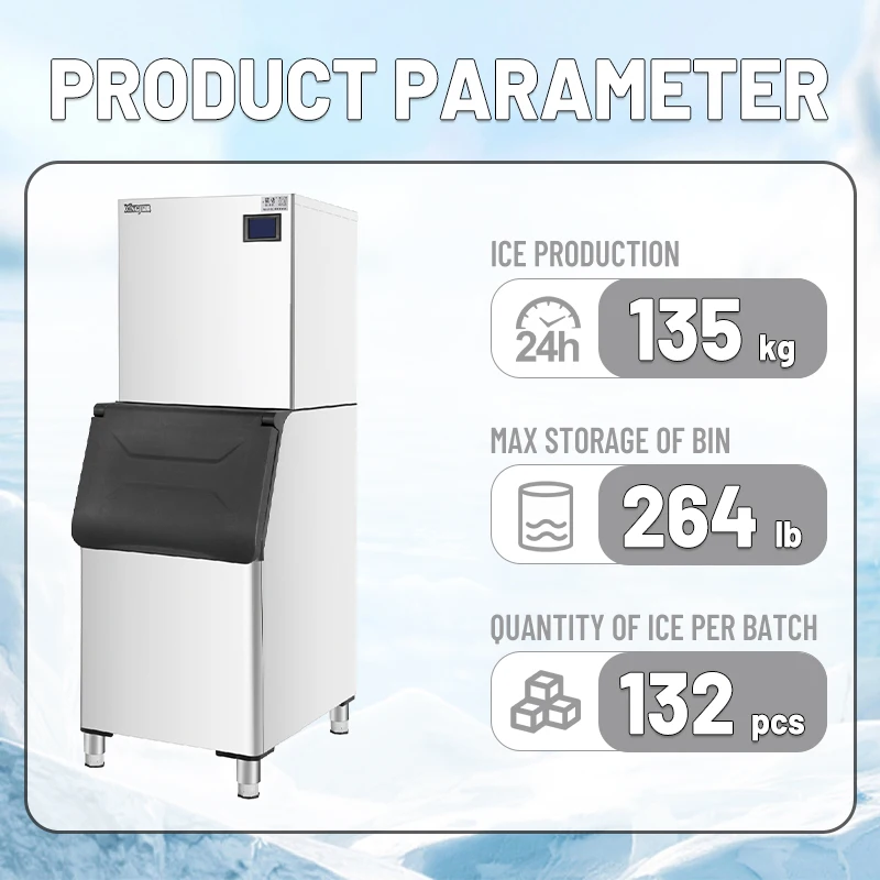24-Hour Commercial Ice Machine 135-195kg Ice Cube Maker 120kg Storage Capacity 220v Compressor Producing Blocks Commercial Use