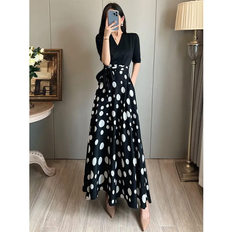 Fashion Printed Spliced Bandage Polka Dot Long Dress Women\'s Clothing 2024 Spring Summer New Loose Office Lady Vintage Dress