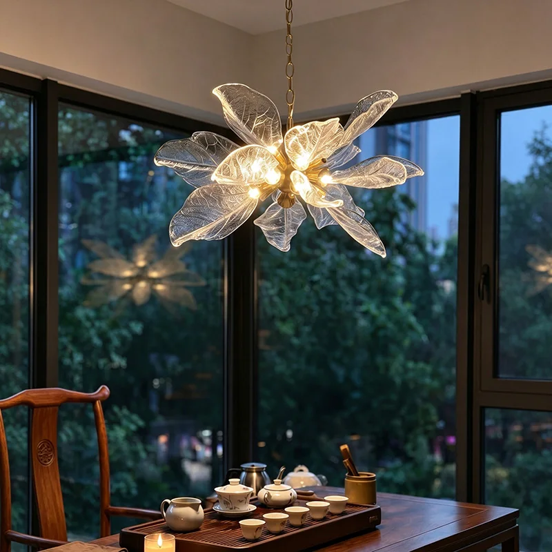 Retro Acrylic Leaf Ceiling Hanging Chandelier for Living Room Dining Table Kitchen Island French Artist Luxury Pendant Light