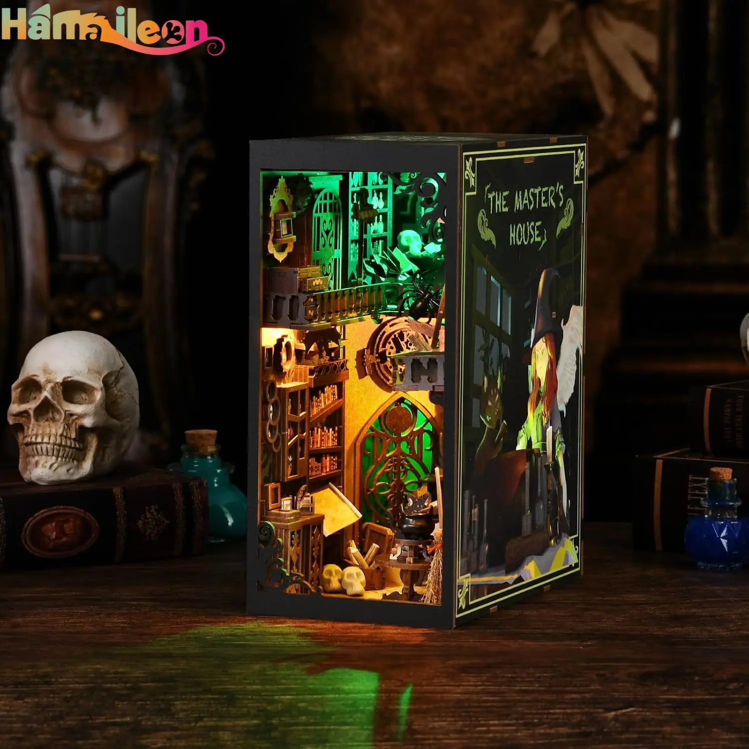 Hamaileon DIY ブックコーナーキット 3D 木製パズル DIY ミニチュアハウス 棚インサート装飾用 センサーライト付き (マスターハウス)