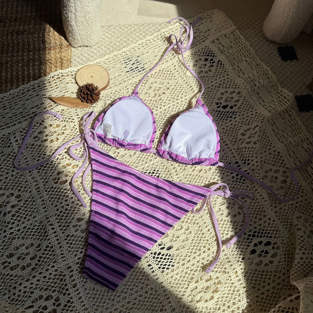 8 Farben, pinkfarbenes zweiteiliges Bikini-Set, gestreiftes Bikini-Oberteil mit hohem Beinausschnitt, Damen-Badeanzug, Damen-Badebekleidung, Badeanzug, Schwimmanzug V5540. – Detail 17