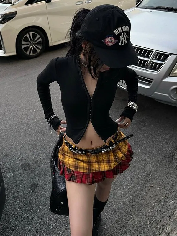 

Сексуальный клетчатый комплект из двух предметов: юбка и брюки прямого кроя из ПВХ с завышенной талией, облегающие, с ярким узором, идеальная посадка