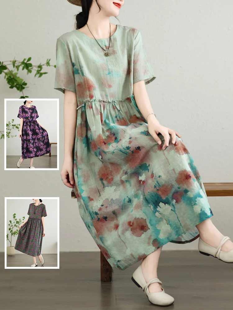 レトロなコットンリネンまたはスウェードのような大きなサイズの女性用ファッション、ラウンドネック、ゆったりとした花柄のAラインスカート、通勤用、プリント入りD...