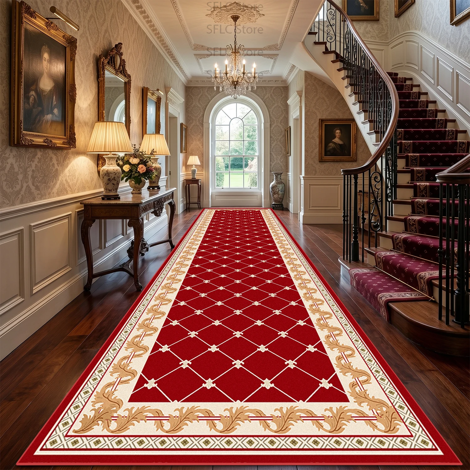Red European Classical Style Long Corridor Carpet Decoration Wedding Chapel Easy Clean Soft Rug Non-slip Lint-free Runner Mats