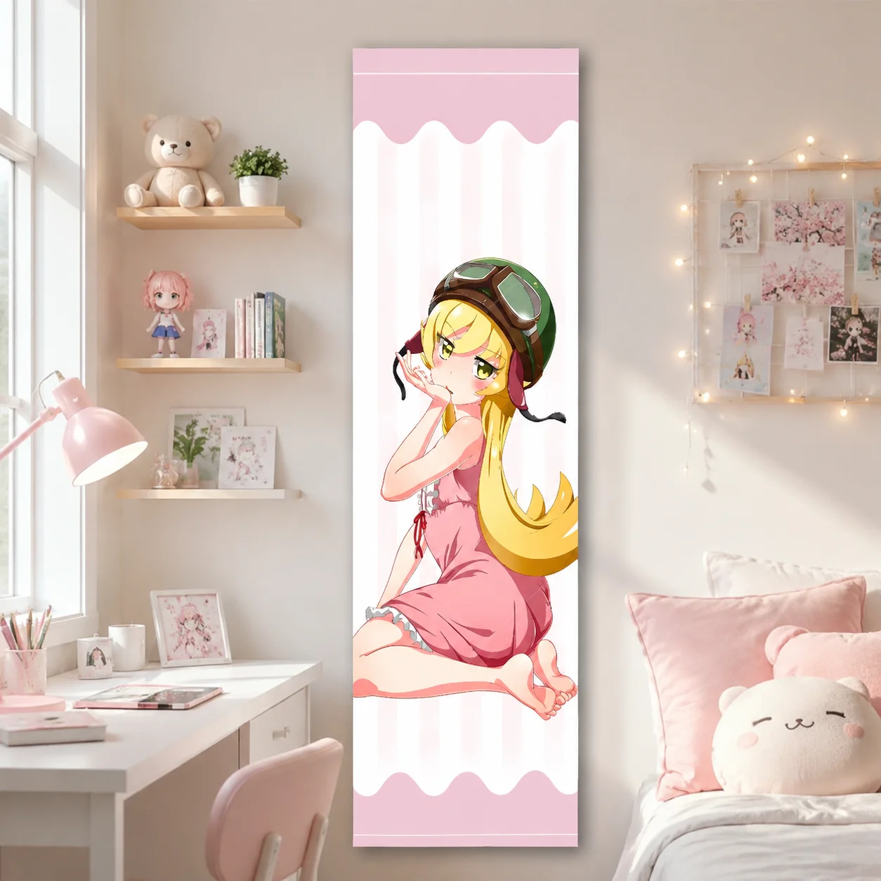 Oshino Shinobu Monogatari Series Long Tapestry, Pilot Helmet Pink Dress Anime Vertical Wall Hanging Otaku Bedroom Dorm Decor