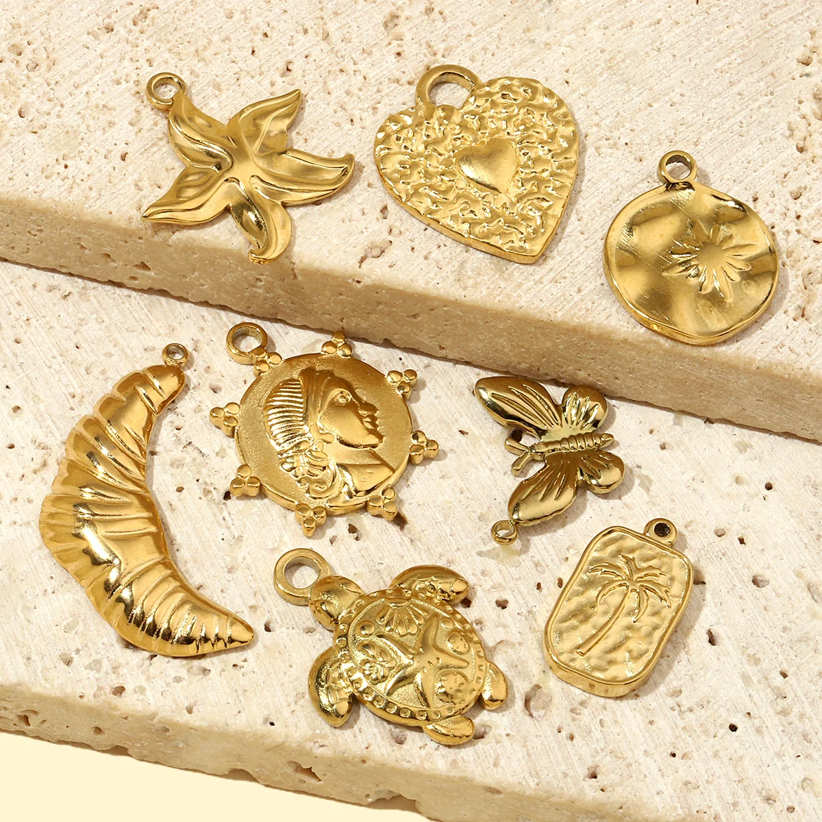 3pcs/Lot French Antique Coin Sun Stainless Steel Diy Charms Women Heart Butterfly Earring Necklace Pendant Croissant Jewelry