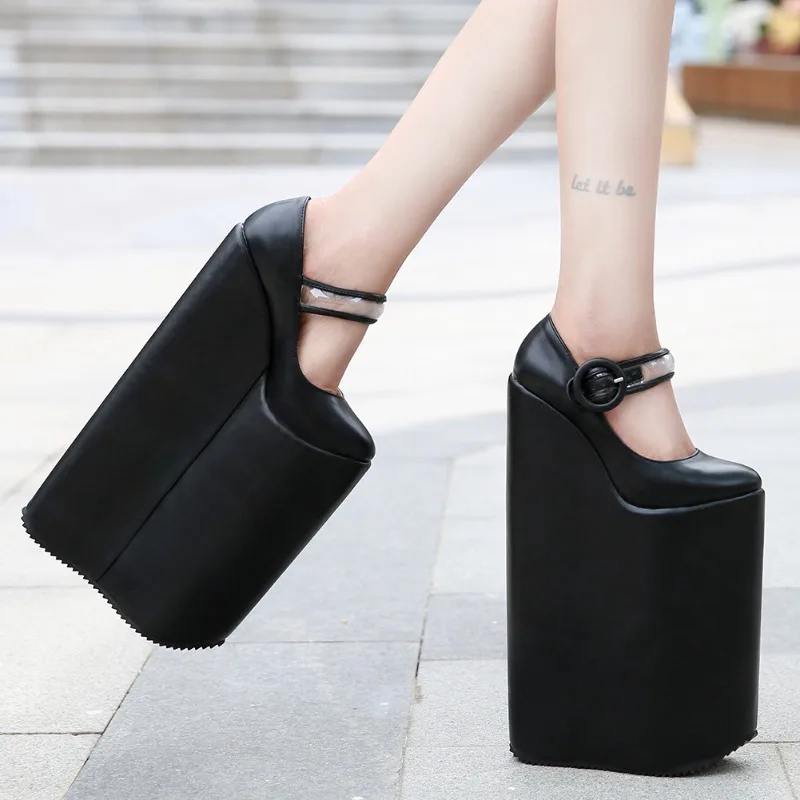 

Sexy Nightclubs Fashion Large Size Round Toe Shoes Women 30cm Ultra High Heel Single Shoes Platform Wedges PU Buckle Strap Pumps