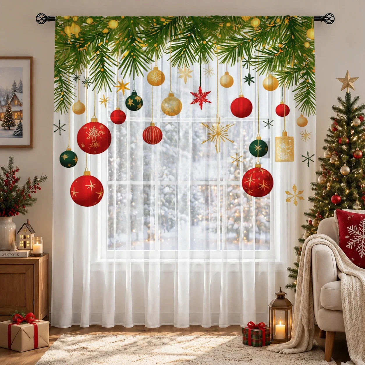 Christmas Gradient Sheer Curtain, Good Quality Light Reducing Privacy Voile for Living/Bedroom/Kids Room,Mother's Day Gift