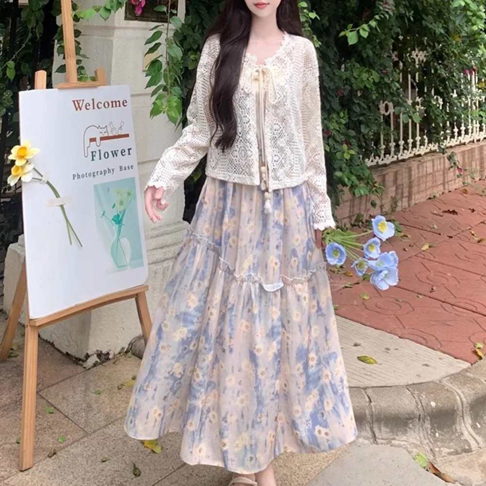 طقم كارديجان من قطعتين بطباعة زهور حلوة مع دانتيل، مقاس كبير للصيف، زي سفر ريفي أنيق باللون الأزرق بخصر مرتفع...