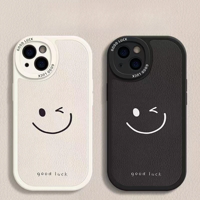 Cute Funny Leather Minimalist Smile Case For iPhone 15 Pro Max 14 13 11 12 15 Pro X XS XR 7 8 15 Plus SE Soft Shockproof Cover