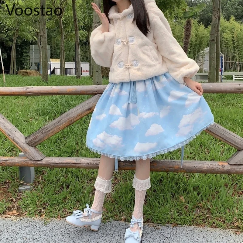 Autumn Winter Japanese Cute Lolita Coats Girls Kawaii Rabbit Ears Hooded Loose Plush Jackets Women Sweet Warm Jk Outwear Tops