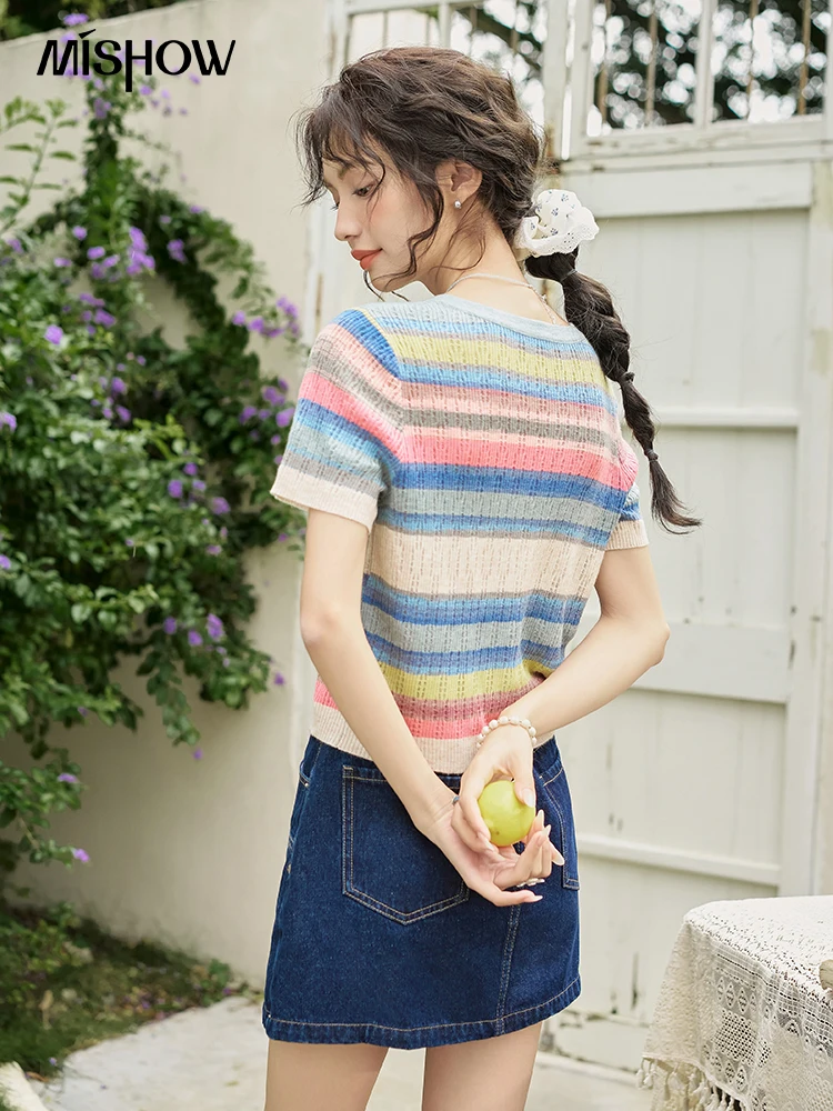 MISHOW Rainbow Striped Short Sleeve Knitted Sweater for Women Summer 2024 O Neck Single Breasted Dopamine Thin Tops MXD26Z0649