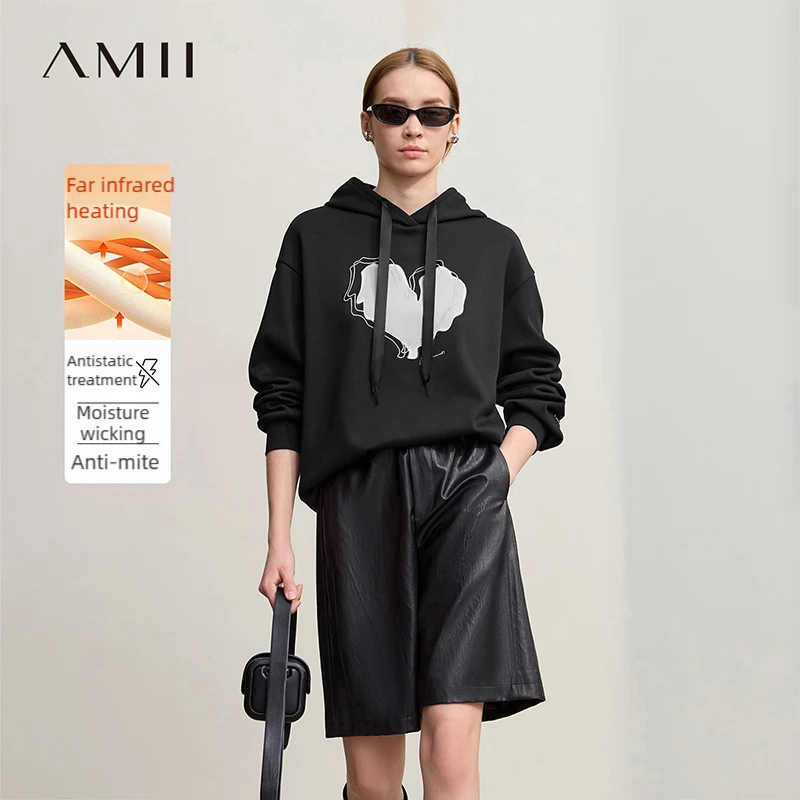 

Amii Woman Sweatshirts 2025 Winter New Loose Micro-elastic Warm Thick Hooded Printed Long Sleeve Casual Knit Top Women 12524124