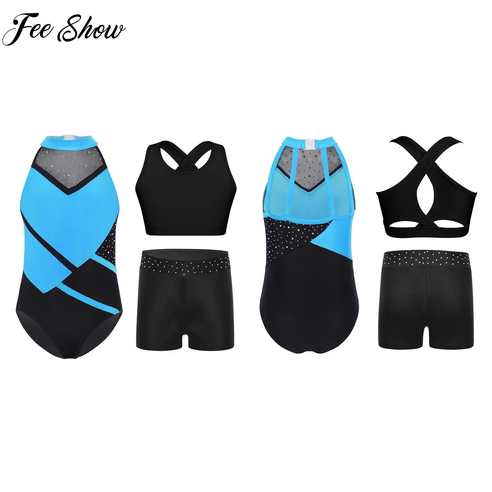 

Kids Girls 3-Piece Gymnastics Dance Performance Outfit Strappy Back Color Block Glittery Rhinestones Leotard+Cropped Vest+Shorts