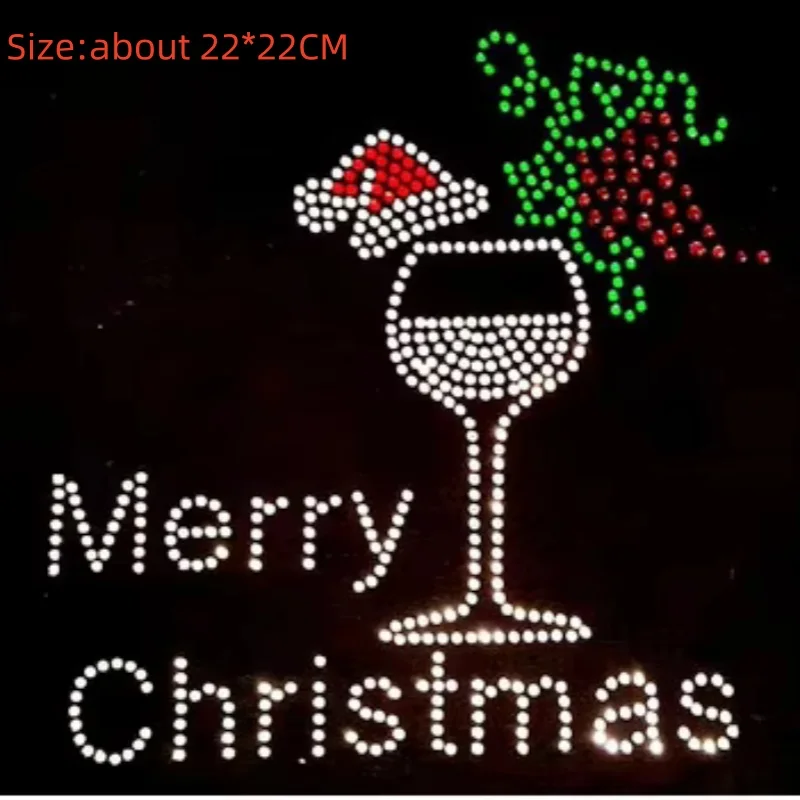 

Merry Christmas Wine Cup Hot Fix Rhinestone Transfer Motifs Iron on Sticker for Shirt Sparkling Christmas Design
