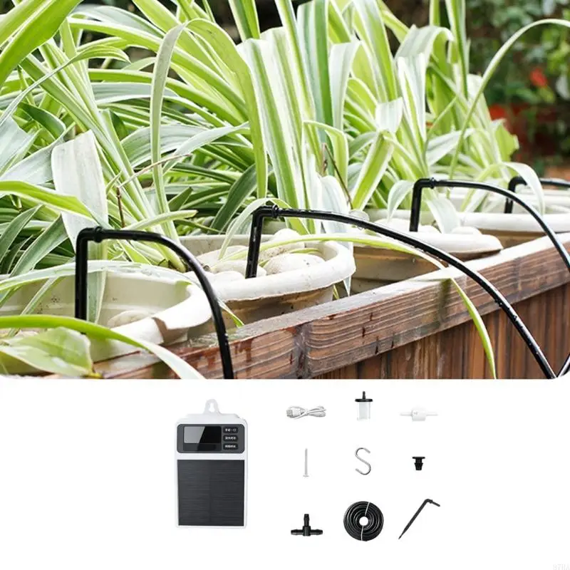 Automatic Irrigation Set with Solar Panel, Run-Time and Interval Inputs, 10 Emitters, Tubing, and Branch Connectors for 87HA