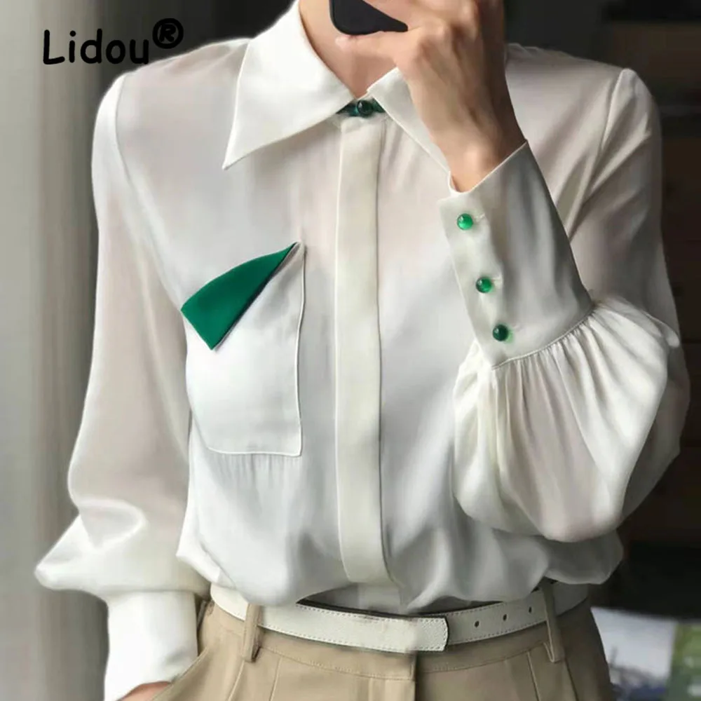 Women Spring Fashion Blouses Lapel Long Sleeve Loose Women\'s Clothing Pocket Chic White Urban Office Lady Elegant Cardigan Shirt