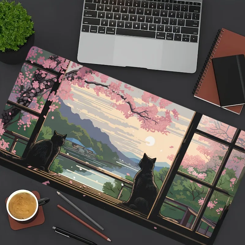 Japanese Style XXL Desk Mat Morning Sakura View Black Cat Gaming Mouse Pad Non-Slip Base Stitched Edge Office Keyboard Pad