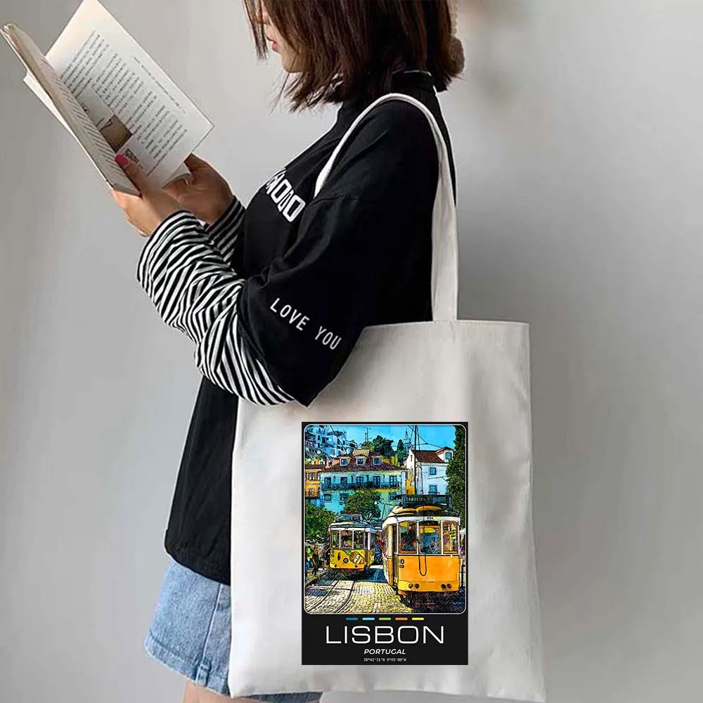 أمستردام برشلونة كييف كايرو اسطنبول مدريد أثينا رسم يدوي ألوان مائية حبر لوحة زيتية قماش حمل حقيبة كتف حقيبة يد صديقة للبيئة