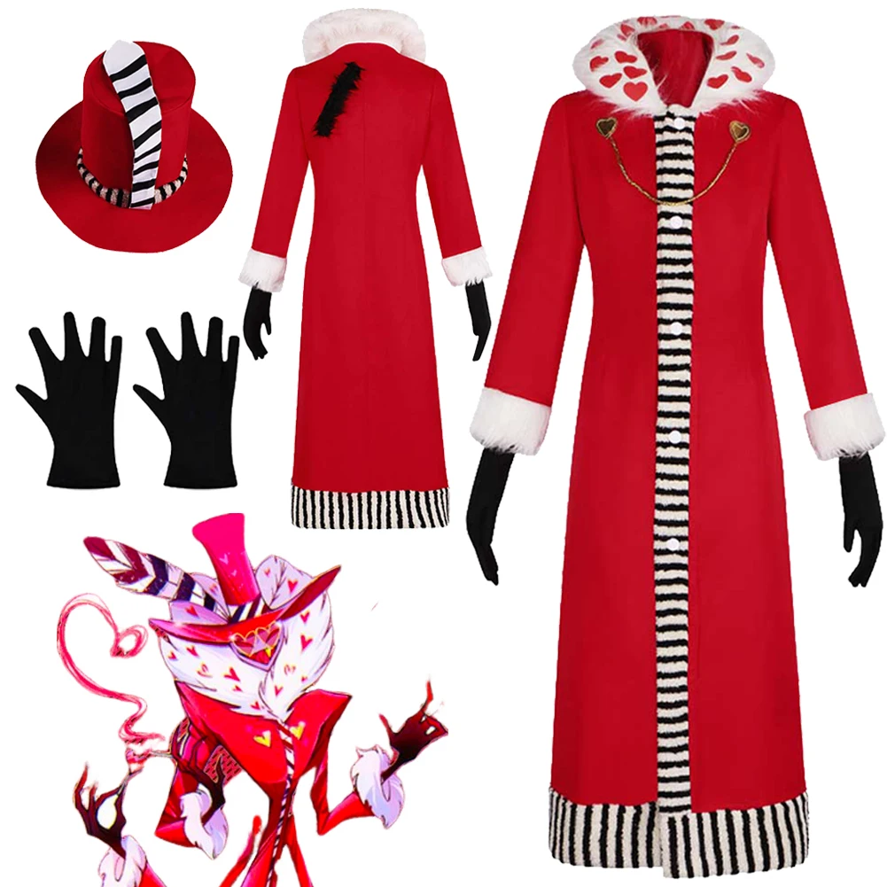 

Valentino Cosplay Hat Costume Cartoon Hell Inn Disguise Red Coat Outfits Men Disguise Gloves Cap Male Halloween Suits