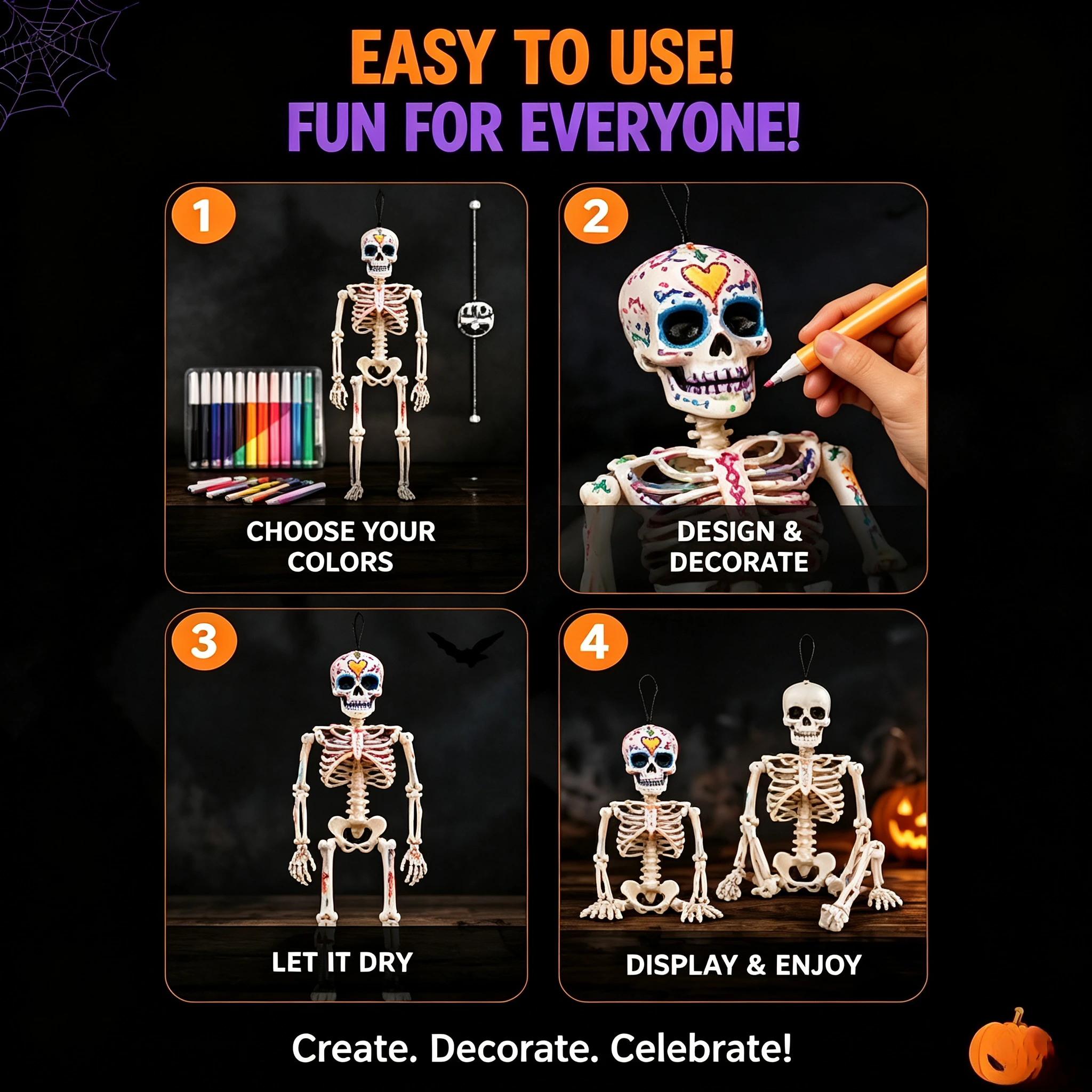 40cm Halloween Skeleton Painting Kit with Watercolor Pens, DIY Paintable Skeleton Figure, Color Your Own Skull, Creative Halloween Decoration, Spooky Skeleton Statue for Halloween Party, Home, Tabletop, Kids and Adults, Craft Gift
