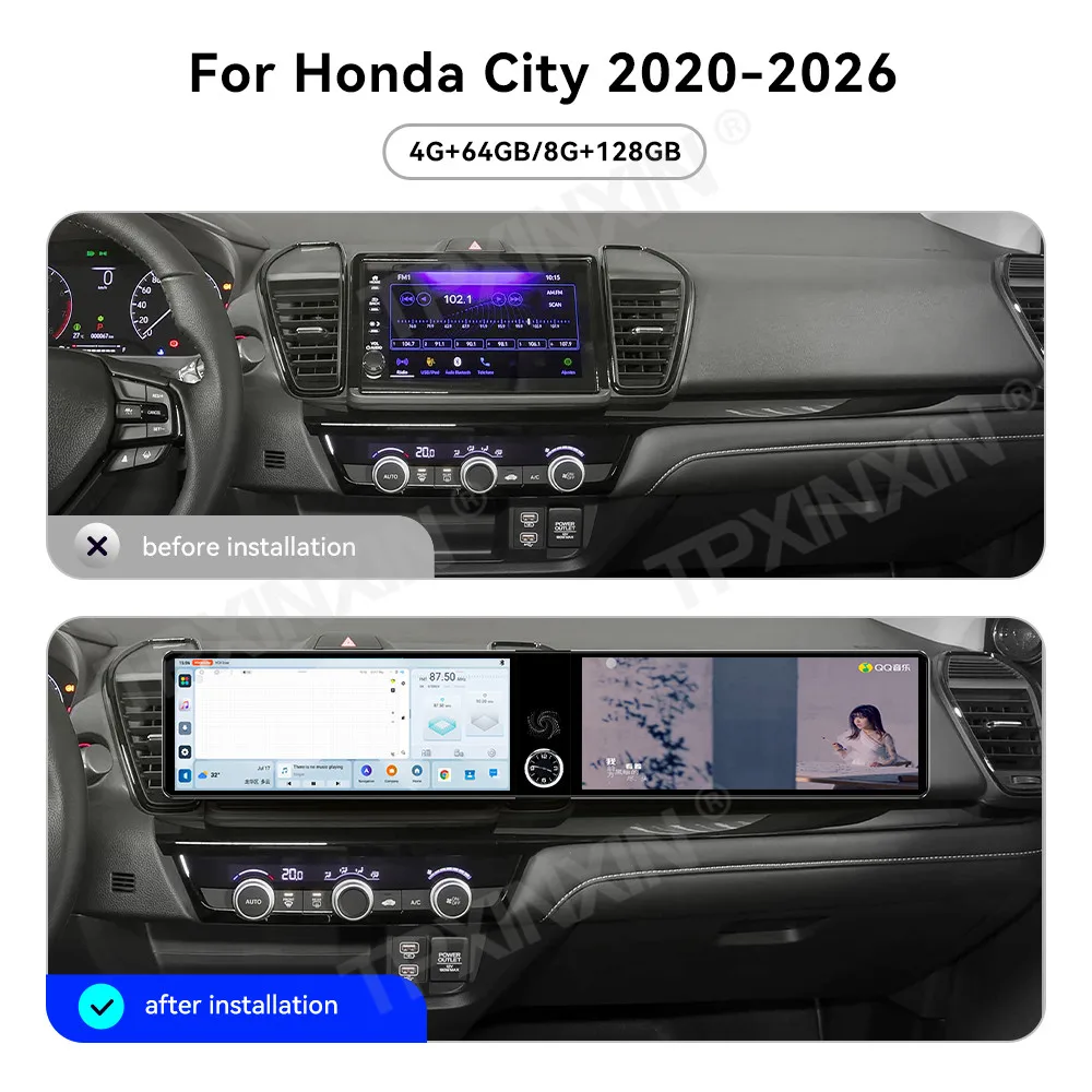 

12.3'' Двухэкранная автомобильная мультимедийная система для Honda City 2020-2026: видеоплеер, стерео, GPS-навигация, Carplay, головное устройство, 4G, DSP