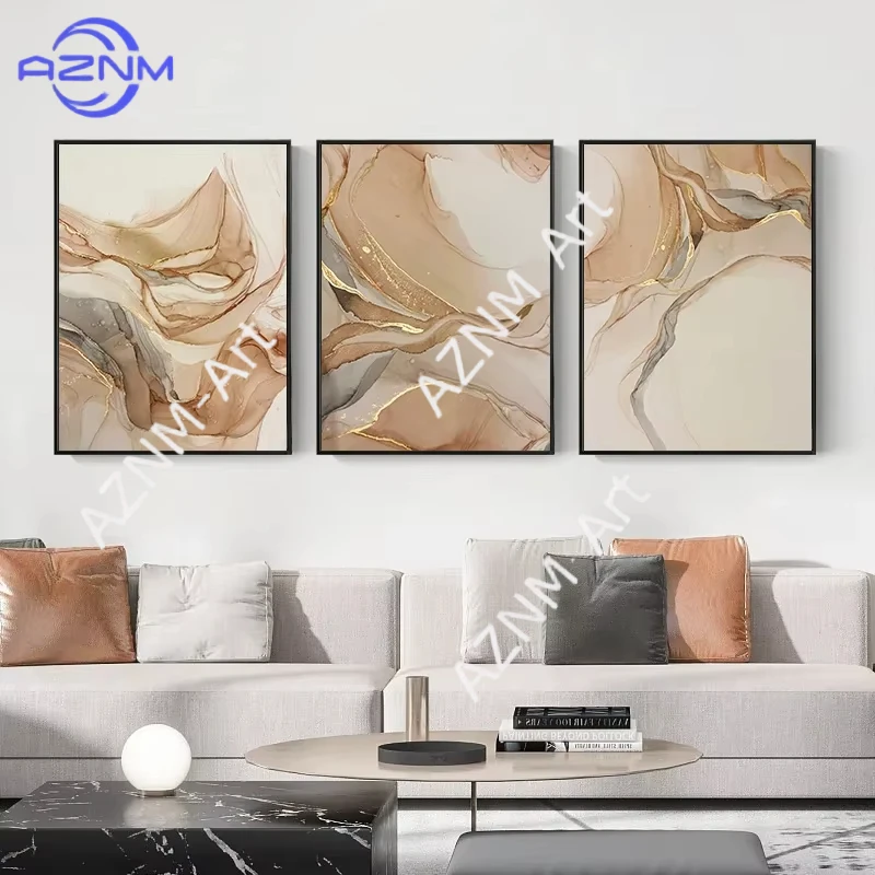 1 pieza/3 piezas, póster de mármol beige, decoración nórdica moderna, pintura abstracta dorada de lujo sobre lienzo, arte de pared para decoración de habitaciones